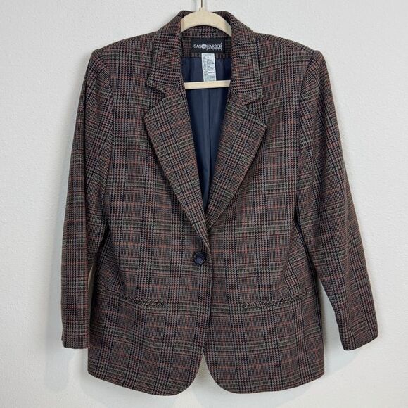 Vintage Sag Harbor Brown Plaid Wool Acrylic Blazer 8P - Picture 1 of 8